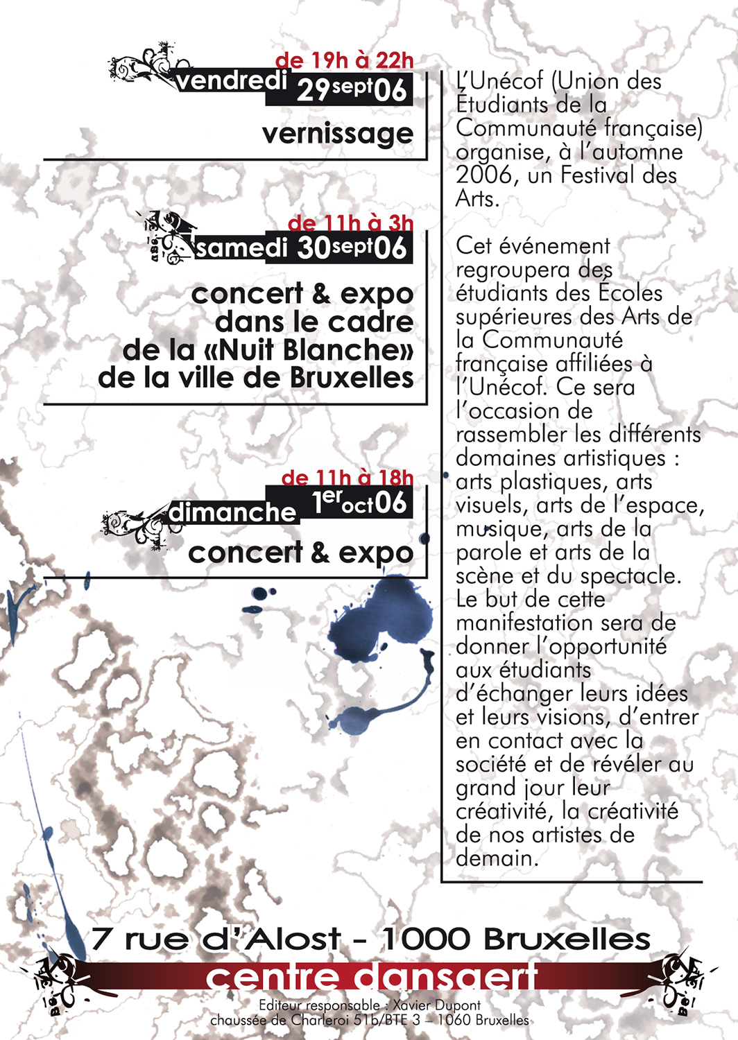 Rear flyer of a Student Arts Festival with informations and 