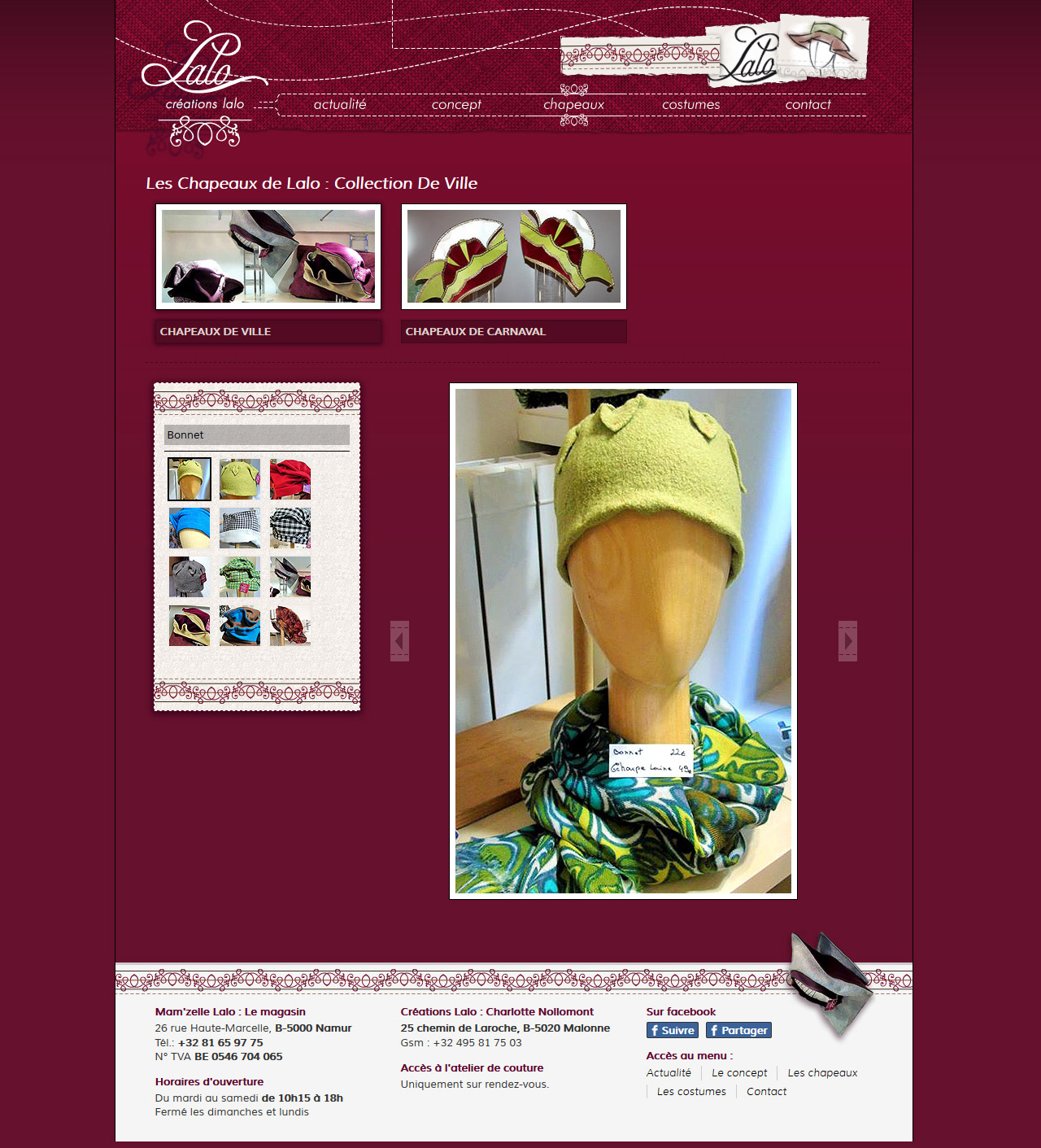 Description page for creations of hats with images gallery