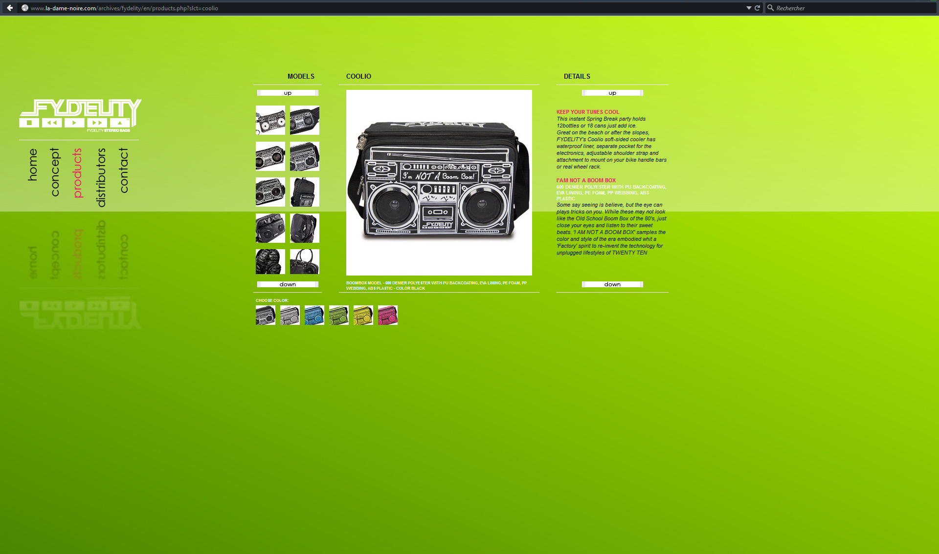 Aperçu de la page Produits du site Fydelity Stereobags