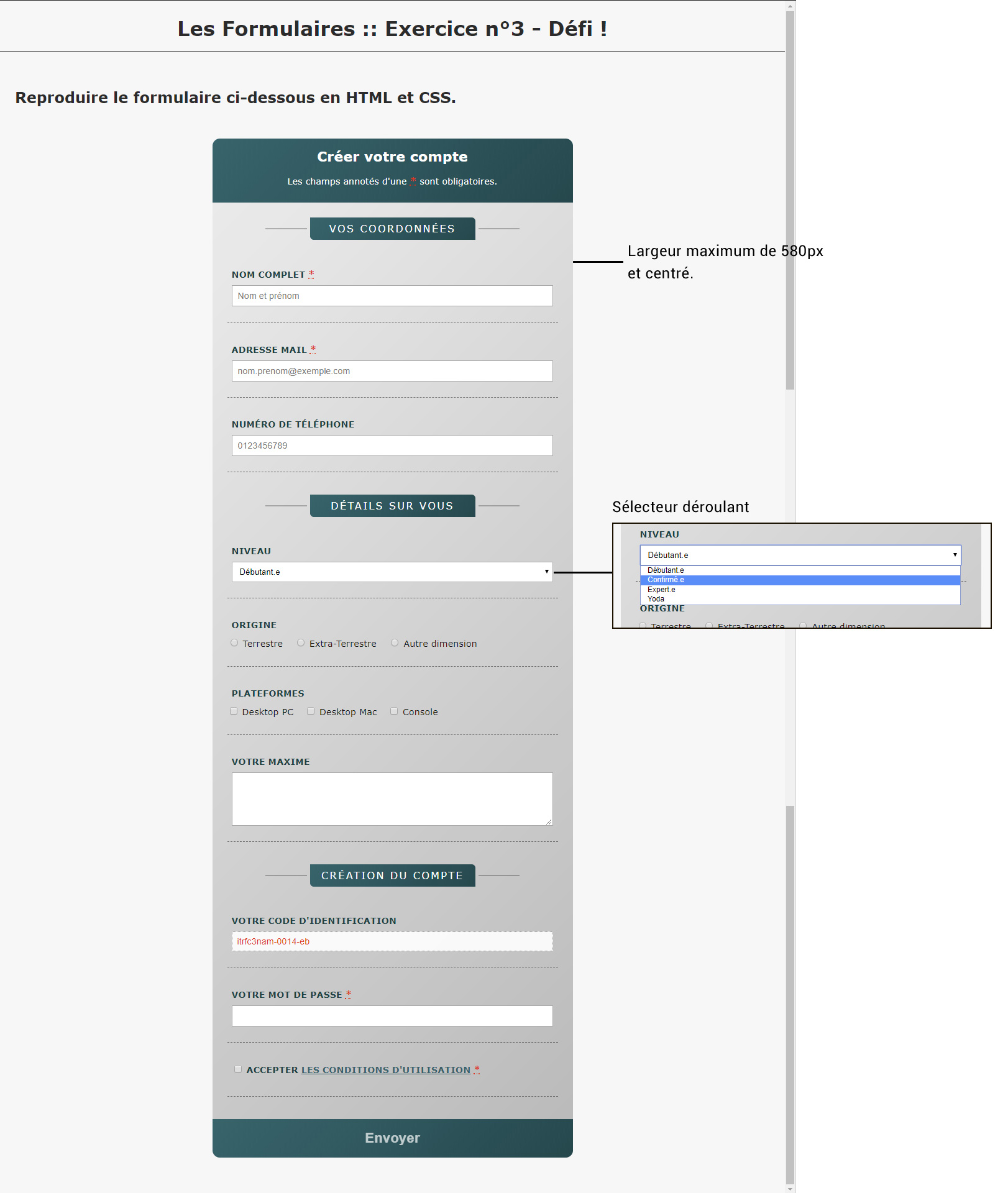 View of exercice on form building in HTML / CSS