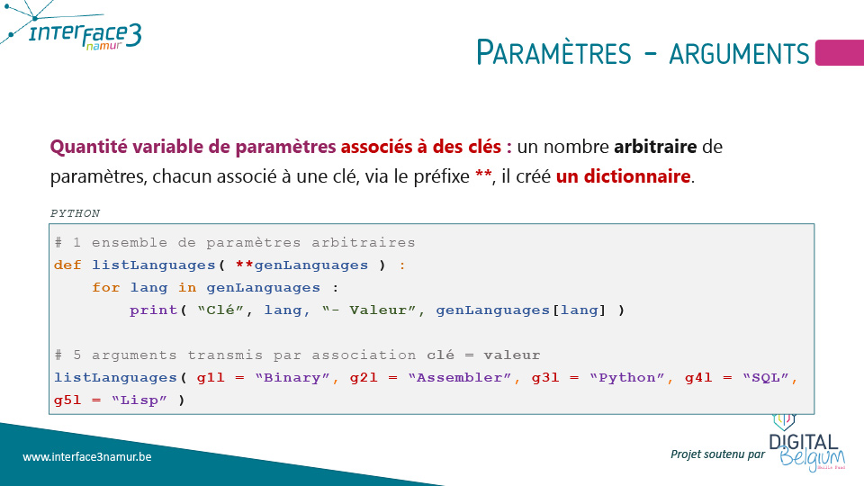 Paramètres variables des fonctions extrait du support Python