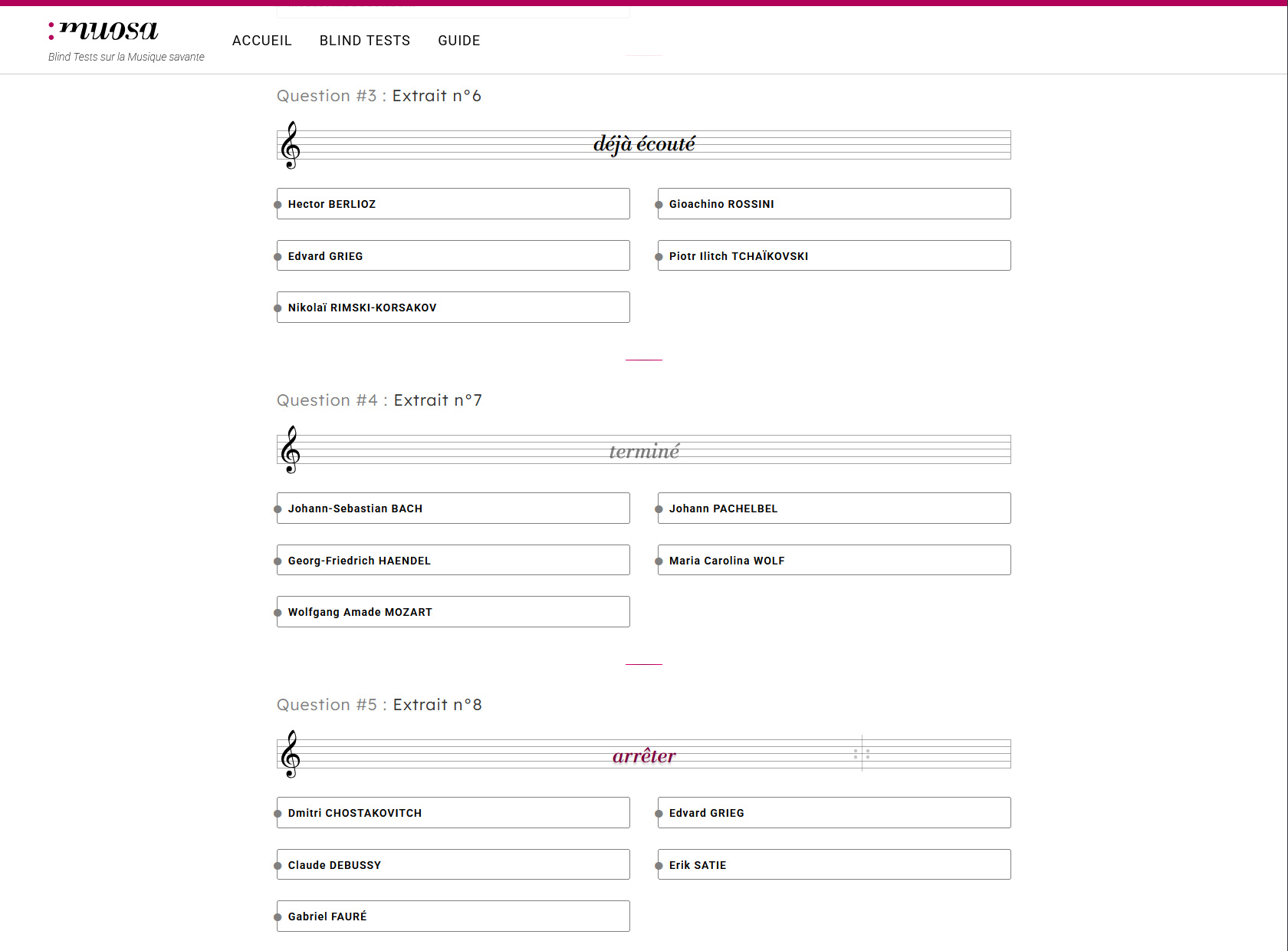 Aperçu d'un blind test de l'application MuOSa