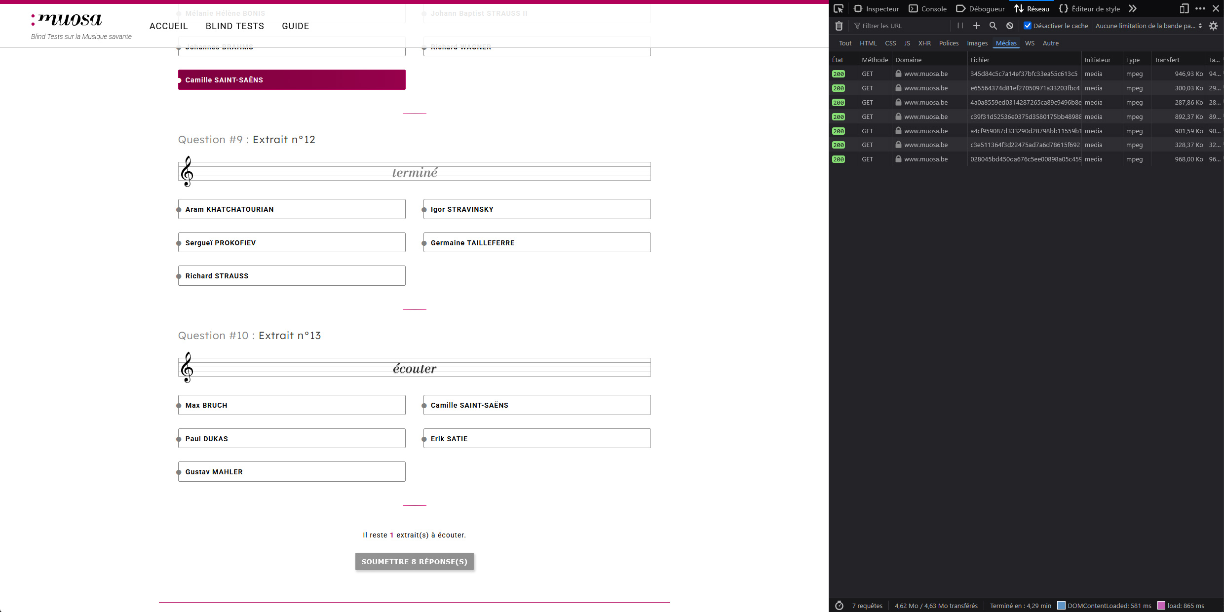 Vue des requêtes de fichiers audio dans le navigateur