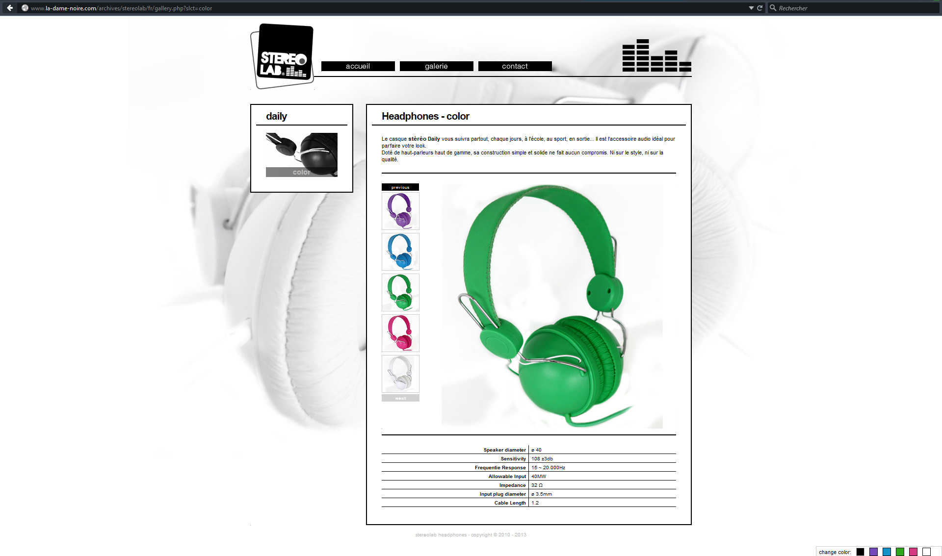 Screenshot of Gallery page from Stereolab Headphones website